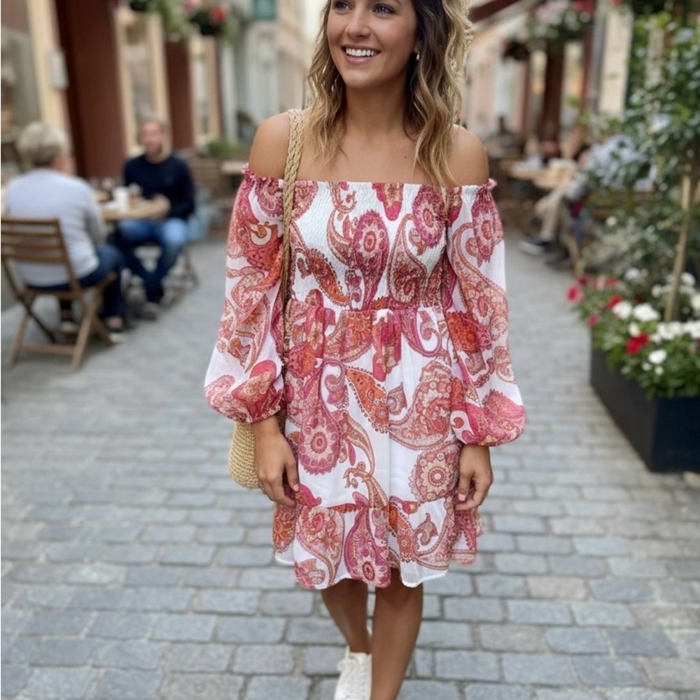 Express Paisley Off-Shoulder Dress in Pink and White